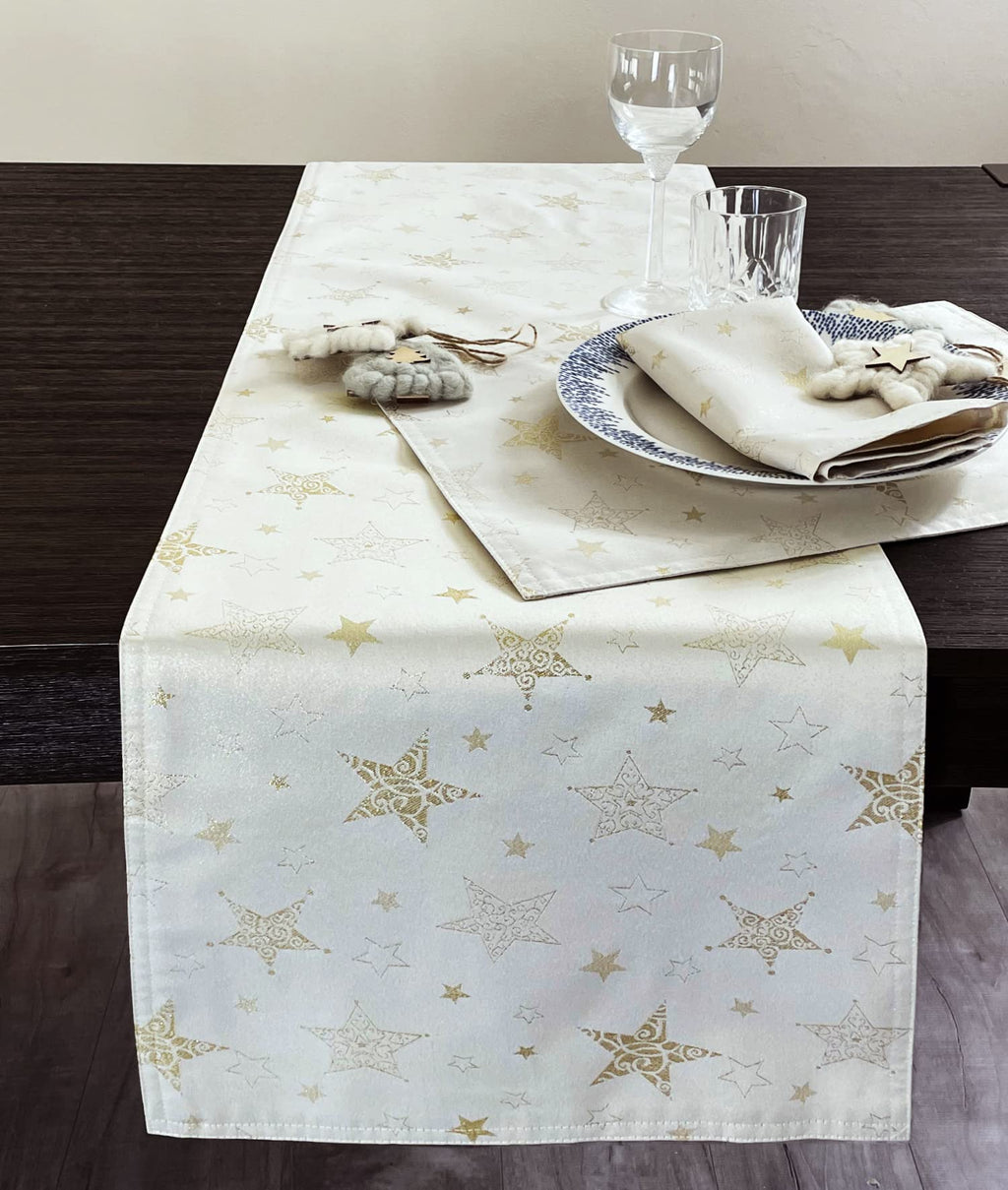 Fennco Styles Holiday Embroidered Metallic Star Table Runner 16" W x 54" W - Ivory Woven Table Cover for Home Décor, Banquet, Family Gathering, Christmas, Special Occasion