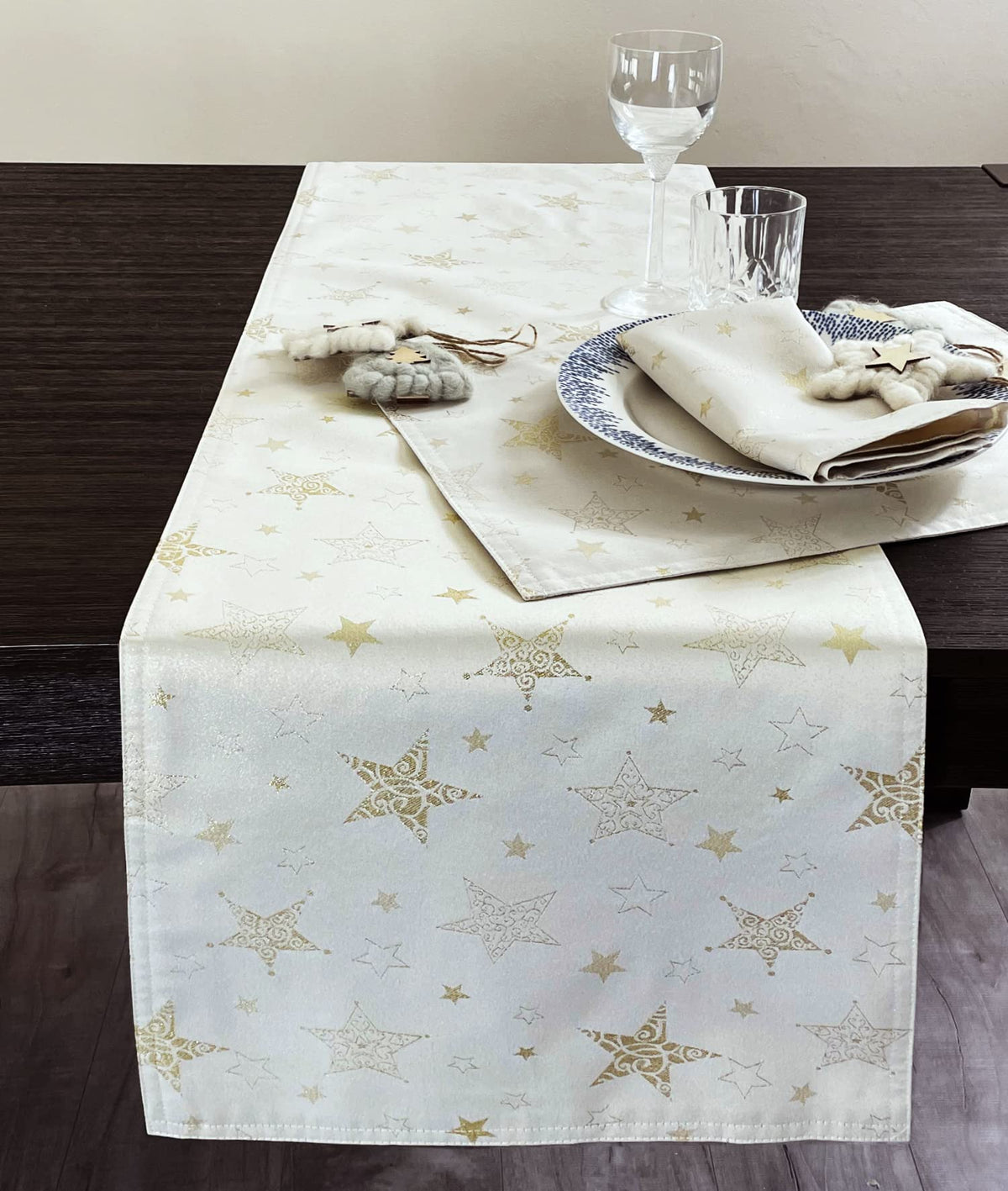 Fennco Styles Holiday Embroidered Metallic Star Table Runner 16" W x 54" W - Ivory Woven Table Cover for Home Décor, Banquet, Family Gathering, Christmas, Special Occasion