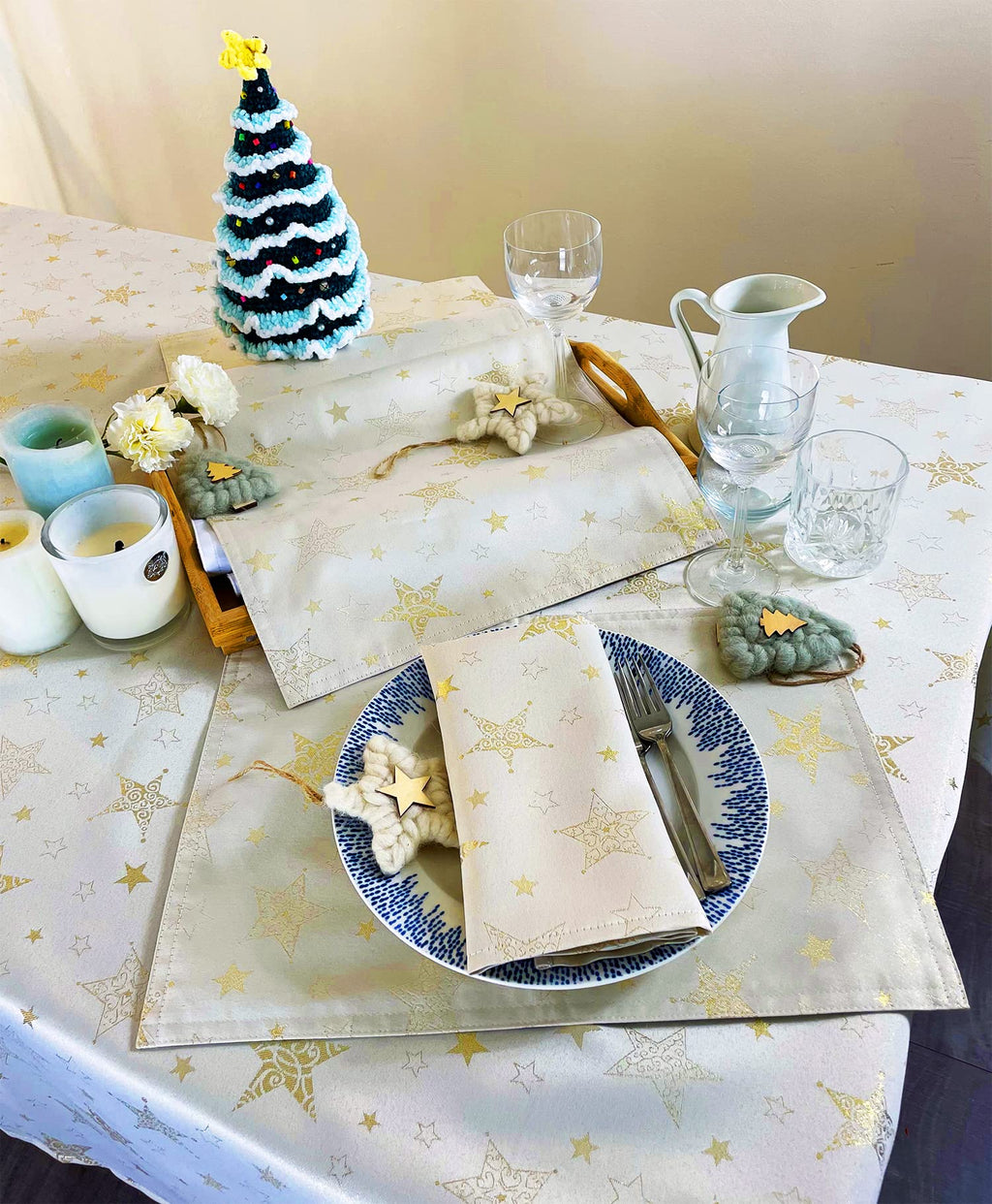 Fennco Styles Holiday Embroidered Metallic Star Table Runner 16" W x 54" W - Ivory Woven Table Cover for Home Décor, Banquet, Family Gathering, Christmas, Special Occasion