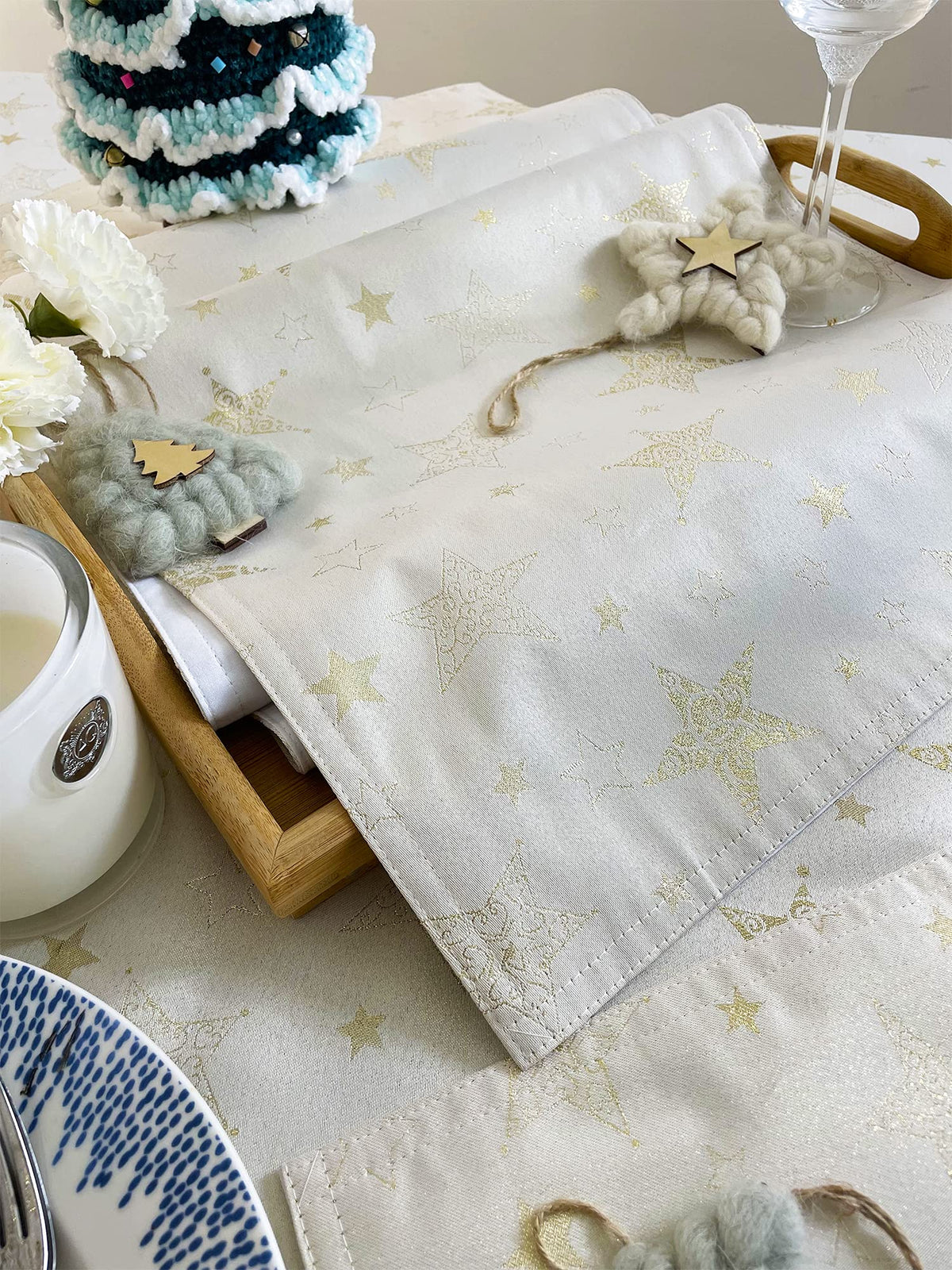 Fennco Styles Holiday Embroidered Metallic Star Table Runner 16" W x 54" W - Ivory Woven Table Cover for Home Décor, Banquet, Family Gathering, Christmas, Special Occasion